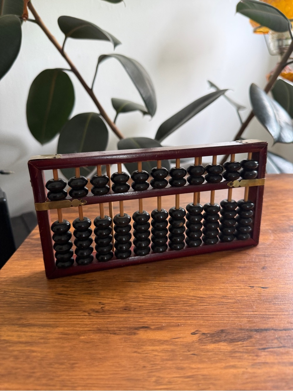 Vintage Wooden Abacus in Brown Frame with Black Beads